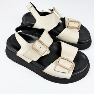 GLORIA Turkey Leather Cream Black Chunky Sole Gold Buckle Heel Strap Sandal 38